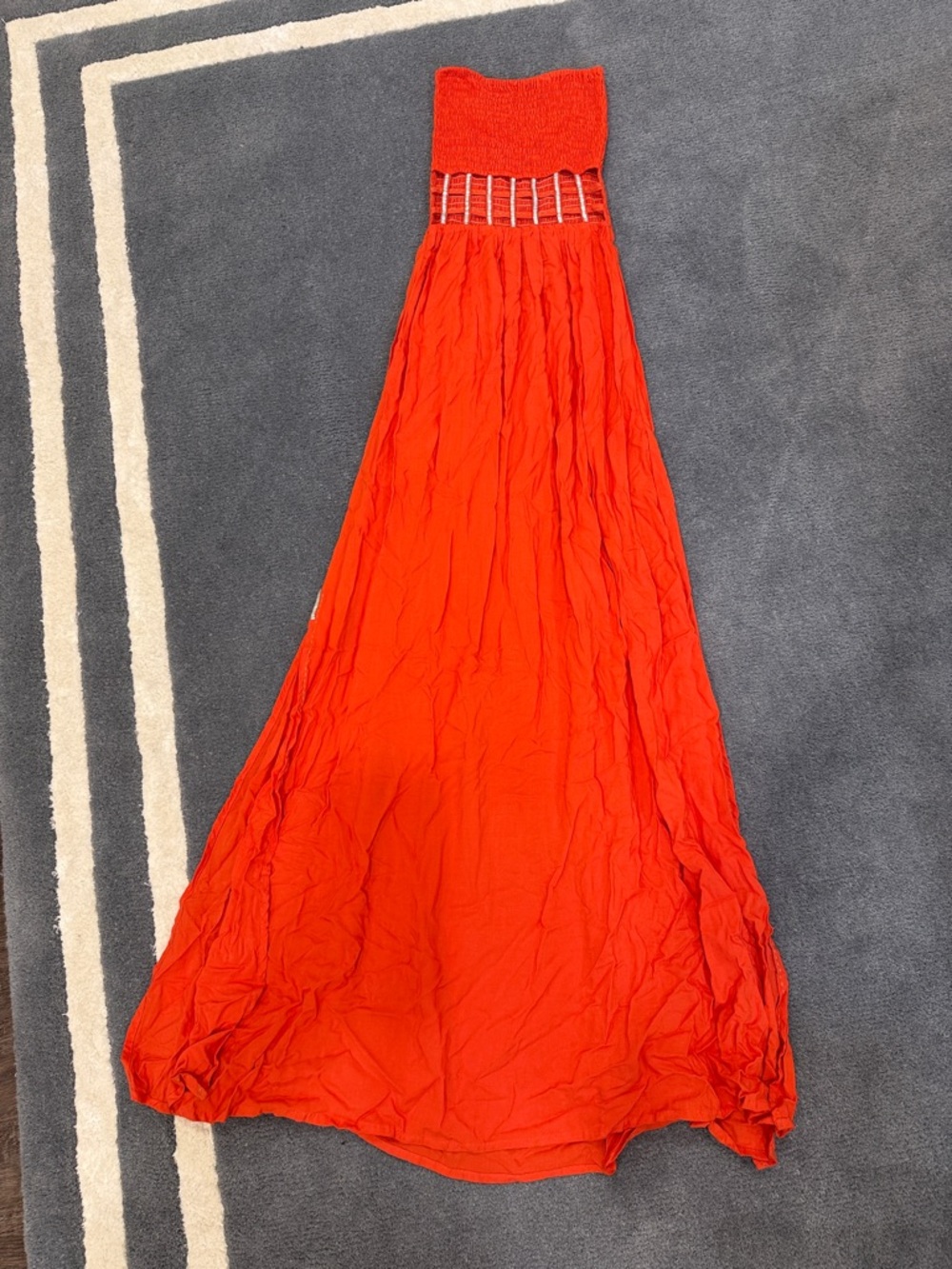 Women’s orange Strapless Maxi Dress with Smocked and beaded Bodice